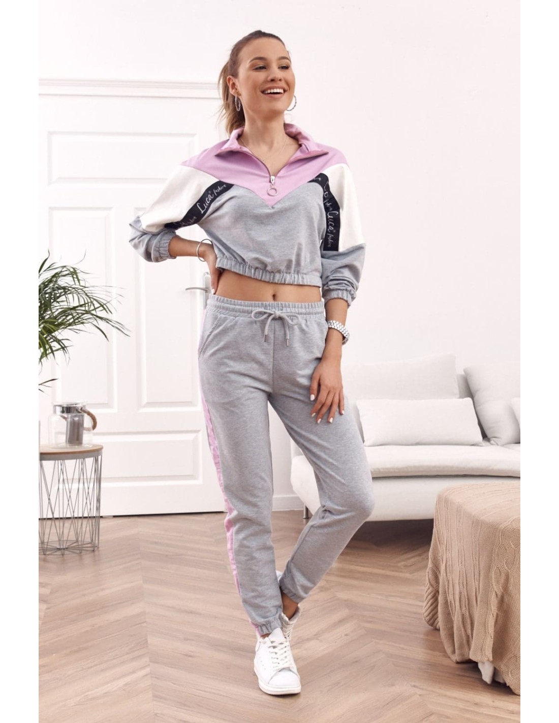 Comfortable tracksuit, sweatshirt with a stand-up collar and trousers, lavender-gray 01039 - Online store - Boutique